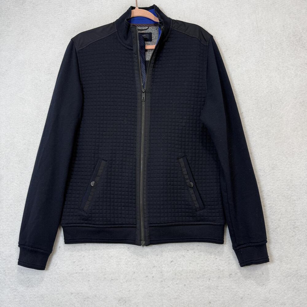 Ted Baker Jacket Mens Large Blue Quilted Knit Full Zip Stand Collar Pockets
